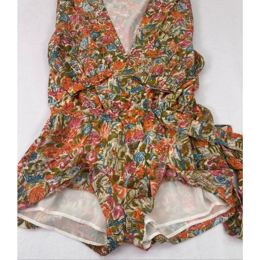Isabel Lu 100% Silk Floral Belted Romper Size Large Multicolor Garden Print - Picture 7 of 12